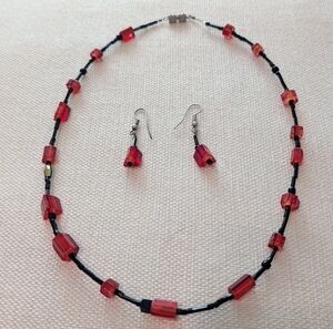 Red and Black Beaded Necklace and Earring Set